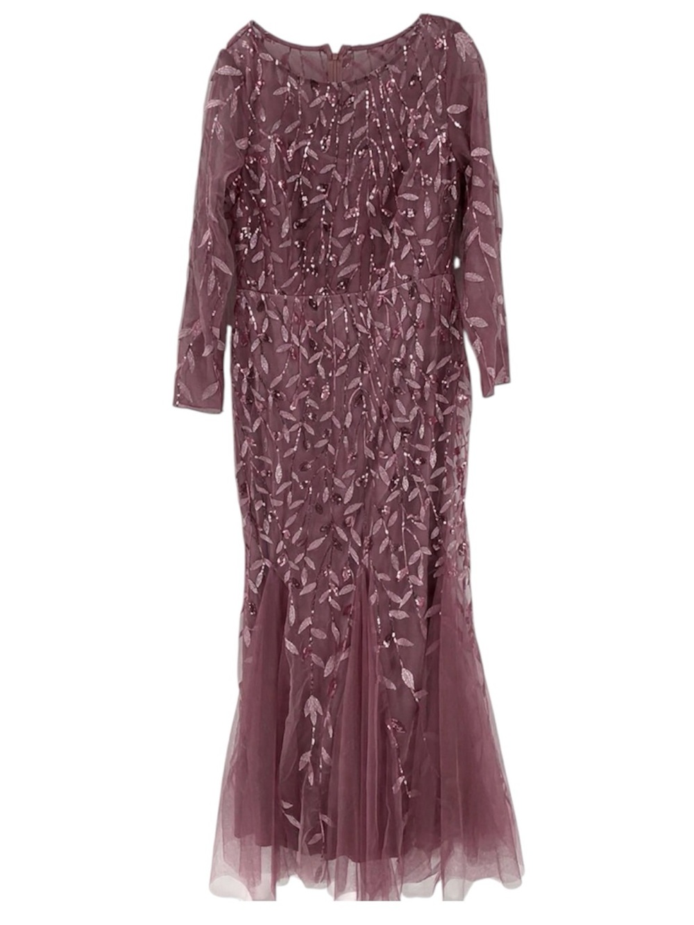 Sequin Leaf Embroidered Mermaid Gown Mauve 3/4 Sleeve Formal Dress S